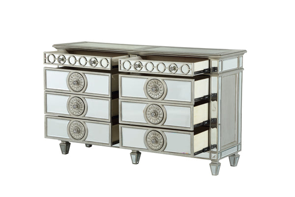 English Elm Varian Mirrored Finish Dresser with Geometric Trim & Sunburst Motifs, 8 Smooth Glide Drawers, Luxe Crystal Knobs Silver 71 L x 23 W x 39 H B2726P261265