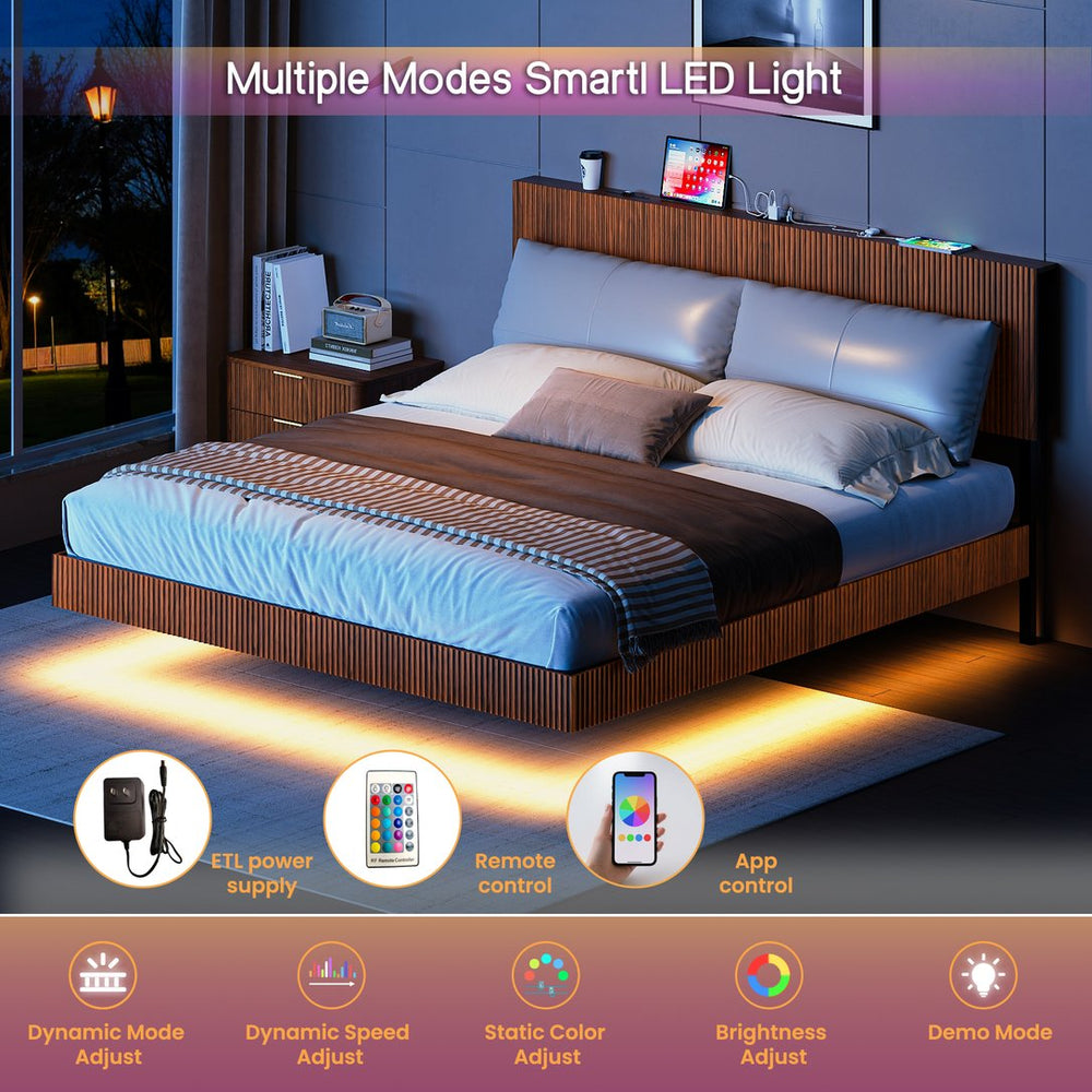English Elm Oak Queen Floating Bed Walnut Finish Wavy Headboard Led Lighting Built in Charging W1820P408090