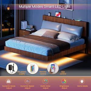 English Elm Oak Queen Floating Bed Walnut Finish Wavy Headboard Led Lighting Built in Charging W1820P408090