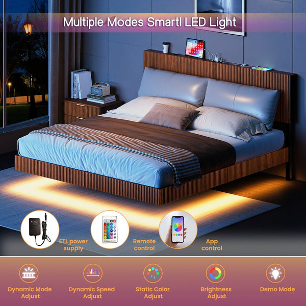 English Elm Oak Queen Floating Bed Walnut Finish Wavy Headboard Led Lighting Built in Charging W1820P408090