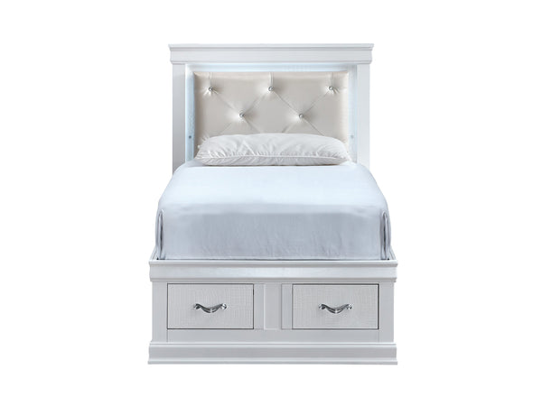 English Elm Lorana Glam Twin Storage Bed with Led Lighting and Tufted Faux Leather Headboard White B078S00694