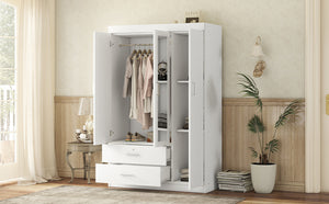 English Elm 3-door Wardrobe with Full Length Mirror Lockable Drawer and Bedroom Shelf Storage White LP006601AAK