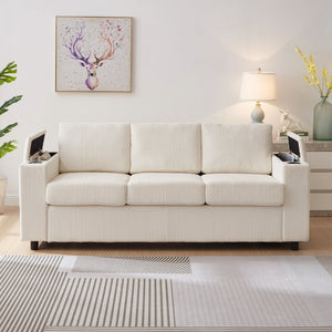 English Elm 81" Queen Sleeper Sofa with Pull Out Bed Storage Charging Ports and Cup Holders Beige W3705S00041