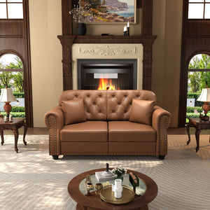 English Elm 63"upholstered Faux Leather Loveseat Mid-century Chesterfield with Tufting and Nailhead Detail Brown W1885S00425