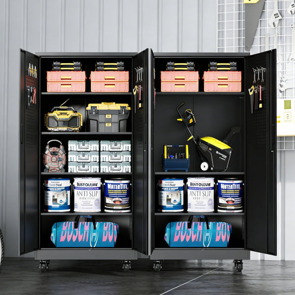 English Elm Heavy Steel Garage Cabinet with Pegboard Doors Locking Wheels and Adjustable Shelving T2398P465997