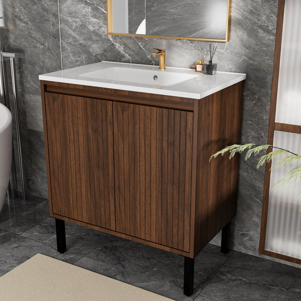 English Elm 30 Inch Bathroom Vanity with Sink — Floor-Standing Stability, Soft-Close Drawers, Ample Storage, Durable Finish Walnut 35.47 L x 8.07 W x 21.85 H W3520S00013