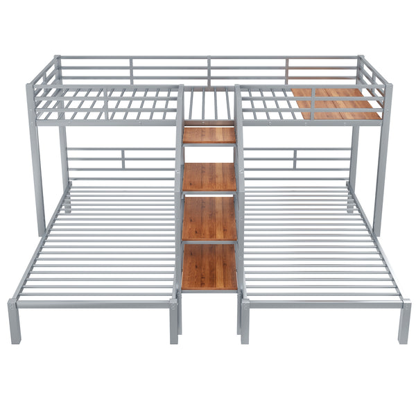 English Elm Metal Triple Bunk Bed Space-Saving Twin over Twin & Twin Design with Staircase Storage Shelves, Durable Metal Frame Silver GX001115AAN