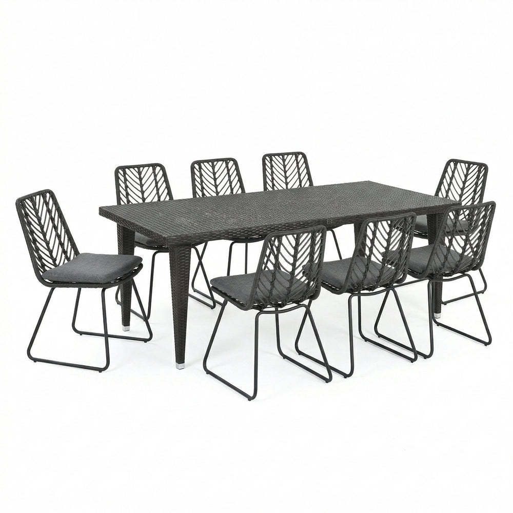 English Elm 9 Piece Outdoor Wicker Dining Set Seats 8 with Iron Frame Pe Rattan Patio Table N762S000023AAE