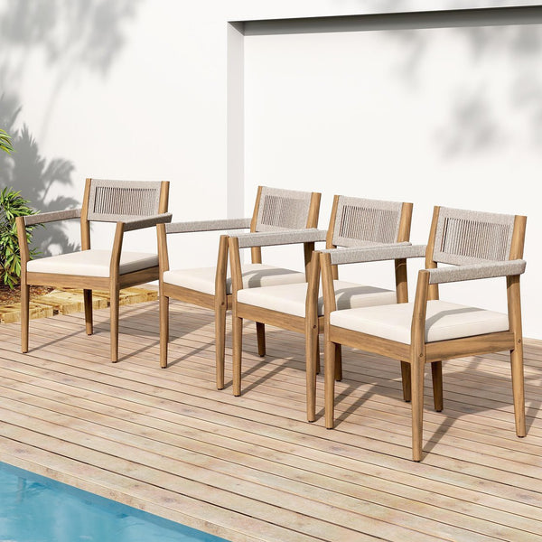 English Elm Christopher Knight Home® - Braided Acacia Wood Outdoor Dining Chairs Set Of 4 – Stylish Teak Finish, Cream Cushions & Armrests N770P286668C004