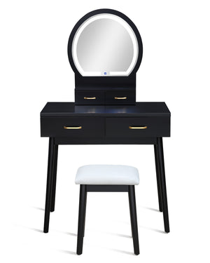 English Elm 3pc Vanity Set with LED Mirror and Cushioned Stool, Gold-Accented Handles, Sleek Modern Dressing Table Black 21.75 L x 33.25 W x 13.5 H B011P378509