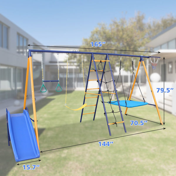 English Elm 500 Lb Outdoor Kids Swing Set with Slide Climbing Net Rings and Basketball Hoop W1408S00001