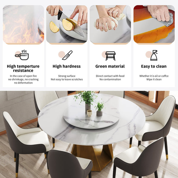 English Elm 59.05" Round Marble Dining Table With Bronze Base & Turntable - Stylish Seating For 6-8 People W1535S00416
