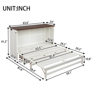 English Elm Murphy Cabinet Queen Bed Solid Pine Frame with Built-in Charging Station for Guest Rooms White+Walnut W504S00193