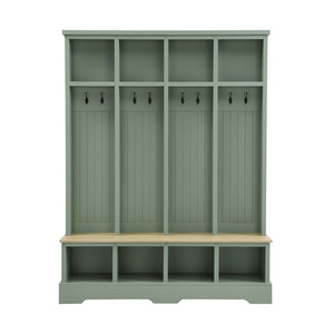 English Elm Farmhouse Hall Tree with Triple Arch Back Panel Eight Hooks Drawers and Entryway Bench Mint Green N721S000075M