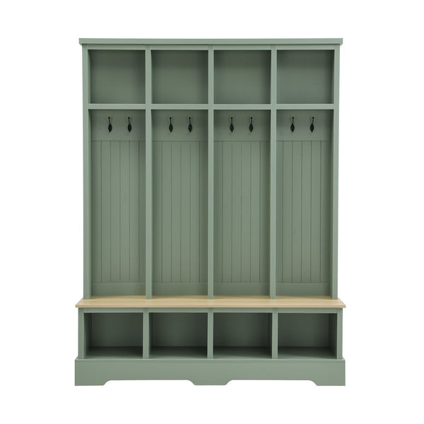 English Elm Farmhouse Hall Tree with Triple Arch Back Panel Eight Hooks Drawers and Entryway Bench Mint Green N721S000075M