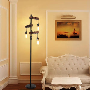 English Elm Dimmable Industrial Floor Lamp 68" 3-Head Wood & Metal Tree Lamp with Rotary Dimmer, Rustic Vintage Accent W2738P227440