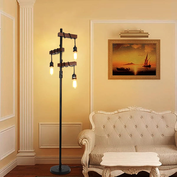 English Elm Dimmable Industrial Floor Lamp 68" 3-Head Wood & Metal Tree Lamp with Rotary Dimmer, Rustic Vintage Accent W2738P227440