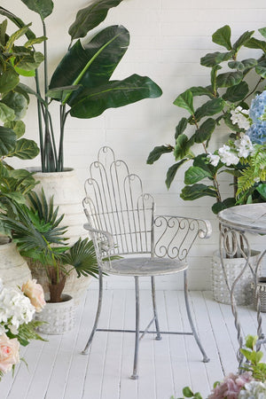 English Elm 23x22x38" Iron Armchair Fan Back Scrolled Arms Distressed Silver Patio Garden Seat W2078P452418