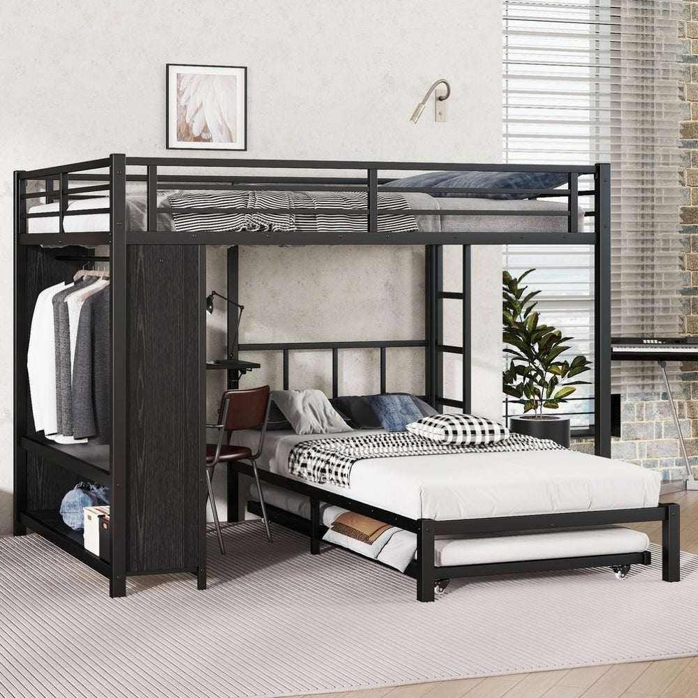 English Elm Queen Over Twin Bunk Bed With Wardrobe, Trundle, Foldable Desk & Noise-Reducing Design In Black W1580S00137-GIGA