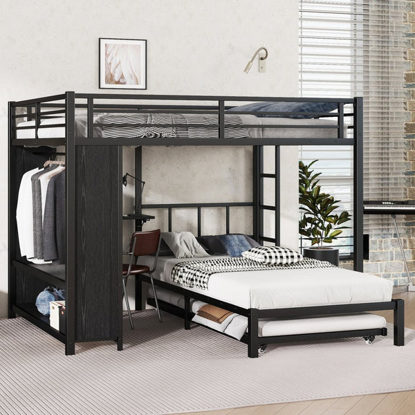 English Elm Queen Over Twin Bunk Bed With Wardrobe, Trundle, Foldable Desk & Noise-Reducing Design In Black W1580S00137-GIGA
