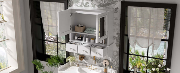 English Elm 4-in-1 Wall Mounted Bathroom Cabinet with Mirror Drawers and Towel Hooks Vanity White N710P405416K