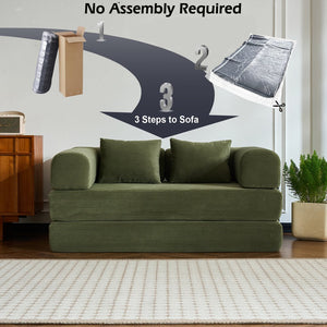 English Elm 59'' Corduroy Convertible Floor Sofa Sleeper with Bolster Pillow for Small Spaces Green W3434P406617