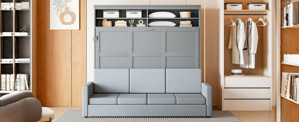 English Elm Queen Murphy Wall Bed with Integrated Sofa Linen Upholstered for Studio Apartments Gray LP000892AAE-1
