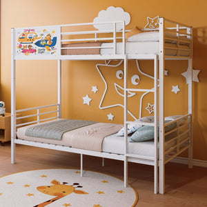 English Elm Metal Twin Over Bunk Bed with Full Guardrail Ladder and Convertible Iron Frame W3752S00023