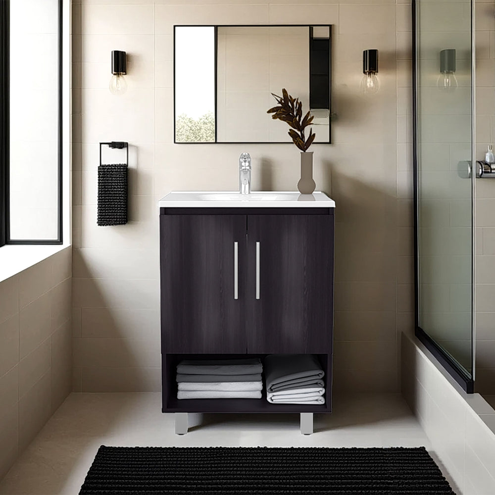 English Elm Wenge Freestanding Bathroom Vanity Cabinet with Double Doors, 1-Shelf Compact Storage, Durable Finish B062P380048