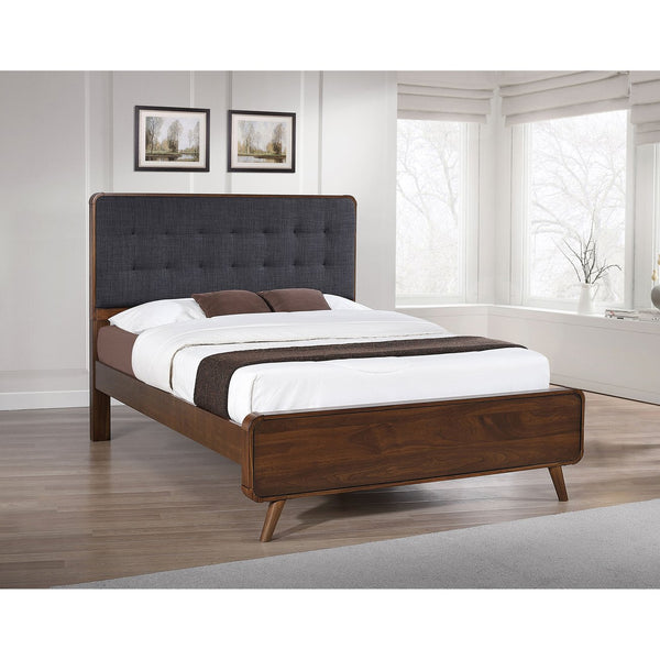English Elm Carson Dark Walnut Queen Platform Bed With Tufted Grey Upholstery For A Cozy Mid-Century Retreat B062S00695