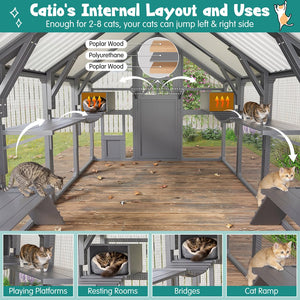 English Elm Large Walk-in Pine Wood Catio Enclosure with Platforms Resting Boxes and Planter Grey N704G201618E