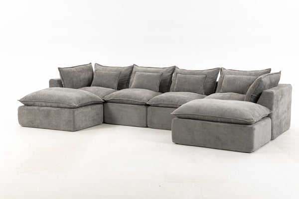 English Elm 129.8" Wide Modular Cloud Sectional Cotton Linen Sofa with Deep Foam Seats and Ottomans Antique Grey W2530S00015