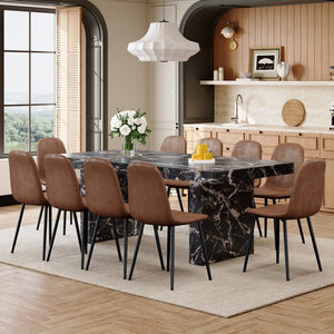 English Elm Table and Chair Set Seats 10 with Marble Mdf Top Brown Fabric Dining Chairs W1151S04099