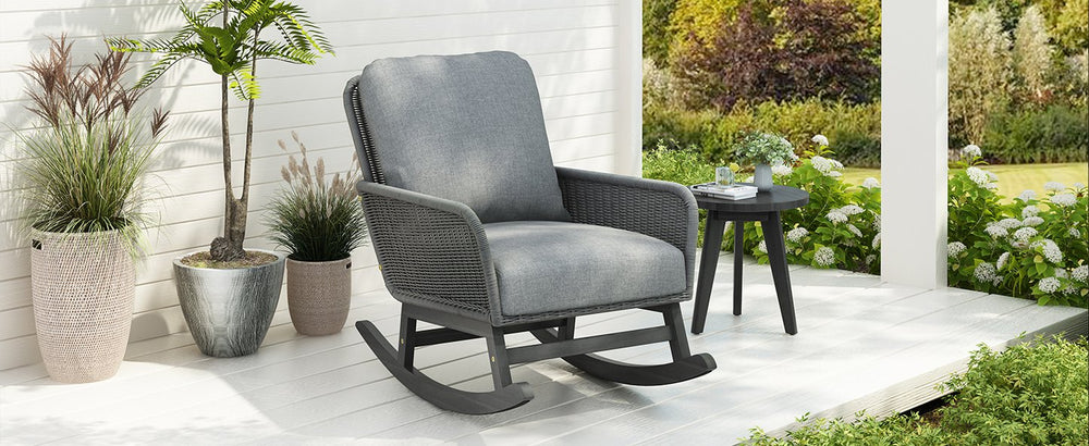 English Elm Contemporary Wicker Rocking Chair Pe Rattan Weave Wooden Frame Plush Cushions Patio Gray N767P229004G