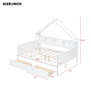 English Elm Wood Full Size Gaming Loft Bed with Integrated Desk, Shelves, LED Lighting & Hanging Clothes Rack White N7090001044K