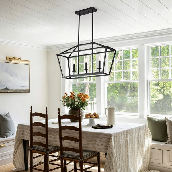 English Elm 3-light Industrial Farmhouse Linear Chandelier Matte Black Metal for Island or Dining W5008P465017