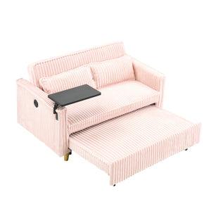 English Elm The pull-out corduroy sofa bed with convertible tabletop and USB charging ports for living room comfort Pink W1278P249022
