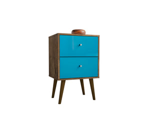 English Elm Liberty 18" Nightstand with 2 Drawers, Aqua Accent, Solid Wood Legs, Modern Handles, Compact Storage Brown+Blue B365P398496