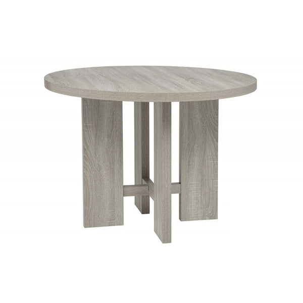 English Elm Farmhouse Round Dining Set 42 Inch Oak Table with Four Upholstered Chairs Seats B011S02196