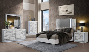 English Elm MOON Modern Queen 5PC Bedroom Set with LED Accent Lighting, Solid Wood & MDF, Spacious Drawers White Marble 29 L x 22 W x 22 H B201S00317