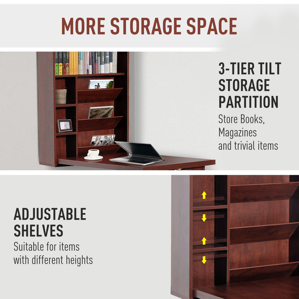 English Elm Wall Mounted Fold Out Desk in Mahogany Finish with Shelving for Compact Home Offices T3971P408153