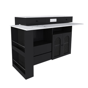 English Elm Kitchen Island Marble Veneer Retro Style Rotating Expandable Top Built-in Outlets Mdf Black W2700S00119