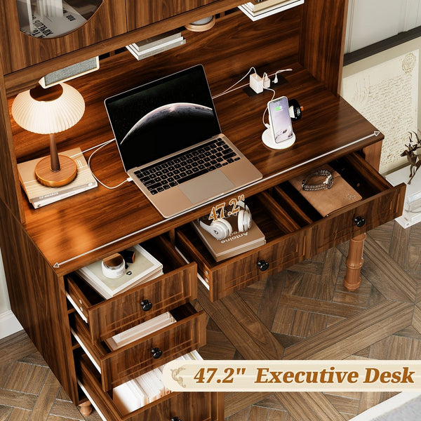 English Elm 47'' Retro Desk with Charging Ports, 5 Drawers & Glass-Door Hutch Cabinet for Home Office Walnut N733S357626D