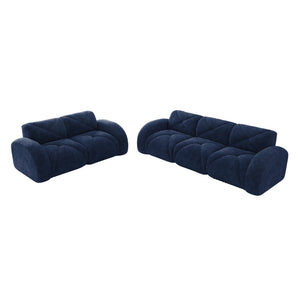 English Elm Three Seater Chenille Sofa with Ottoman Solid Wood Base Tufted Arms Living Room Blue W714S01644