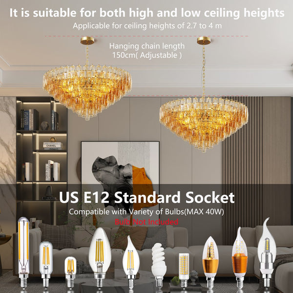 English Elm 37" Gold 14-Light Modern Chandelier with Tiered Smoke Glass Shades, LED-Ready Flush Mount Elegance W1340P332565
