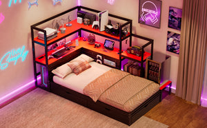 English Elm Twin Gaming Daybed with Led Strips Desk Pegboard Bookcase and Three Storage Drawers Black+Red N820S00083J