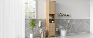 English Elm 67.7" Tall Freestanding Bathroom Cabinet with 3 Drawers, Open Shelves, Gold Handles, Anti-Tip Safety N729P335604O