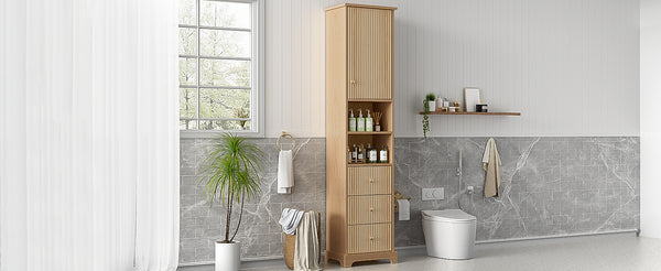 English Elm 67.7" Tall Freestanding Bathroom Cabinet with 3 Drawers, Open Shelves, Gold Handles, Anti-Tip Safety N729P335604O