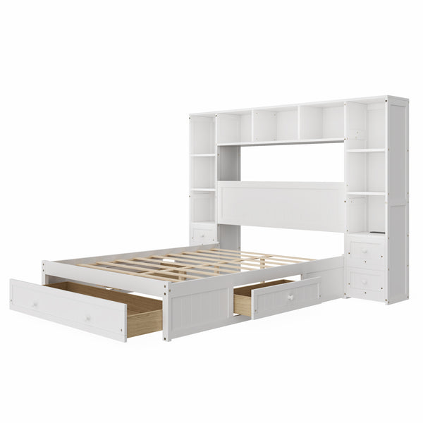 English Elm Full Full Size Pine Platform Bed with 3 Drawers, Built-In Cabinets, 2 Charging Stations & Storage Shelf Frame BS701P286280K