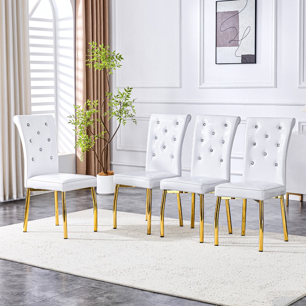 English Elm Set of 4 Glam Faux Leather Dining Chairs with Crystal Buckle and Gold Tone Legs White+Gold W3226P311058